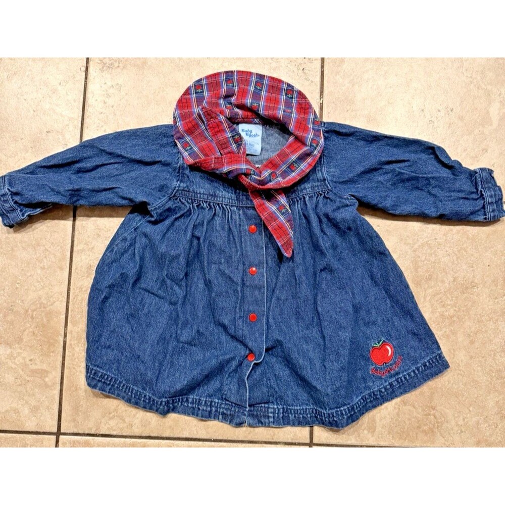 Vintage Baby B'Gosh Denim Dress Girls 18M Blue Snap Button Apple Embroidered 80s